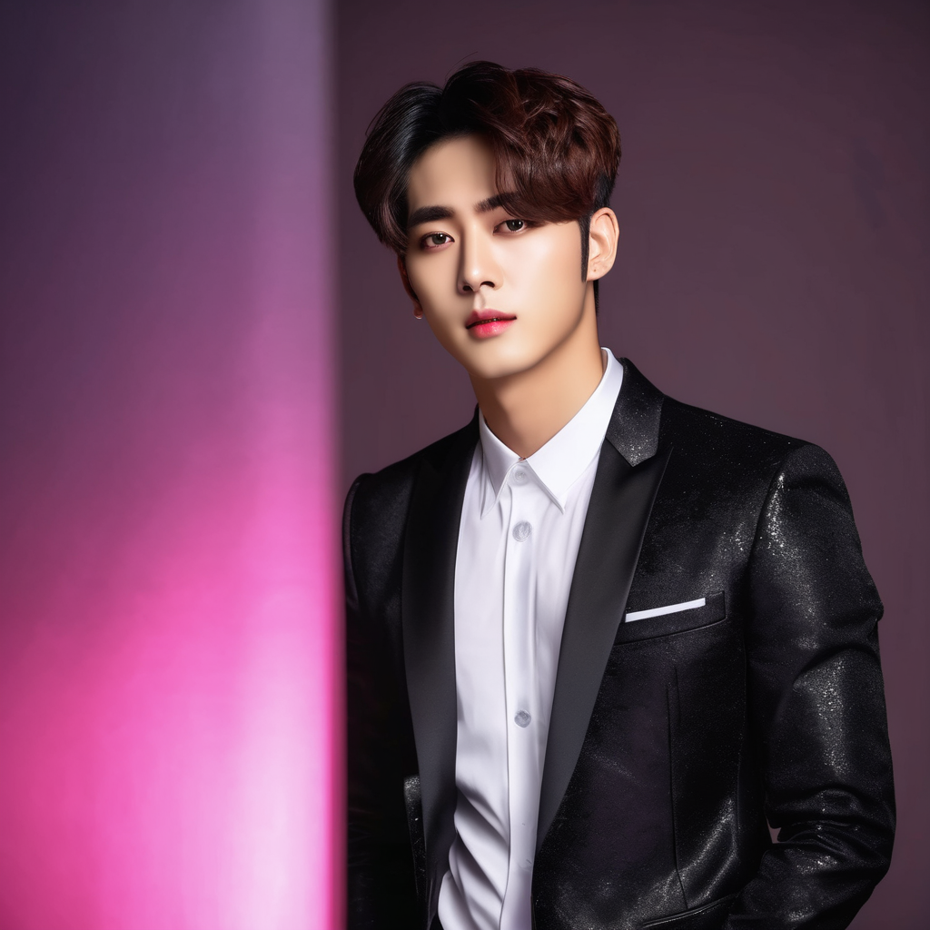 K-pop album photobook with glossy cover, dark background, studio light