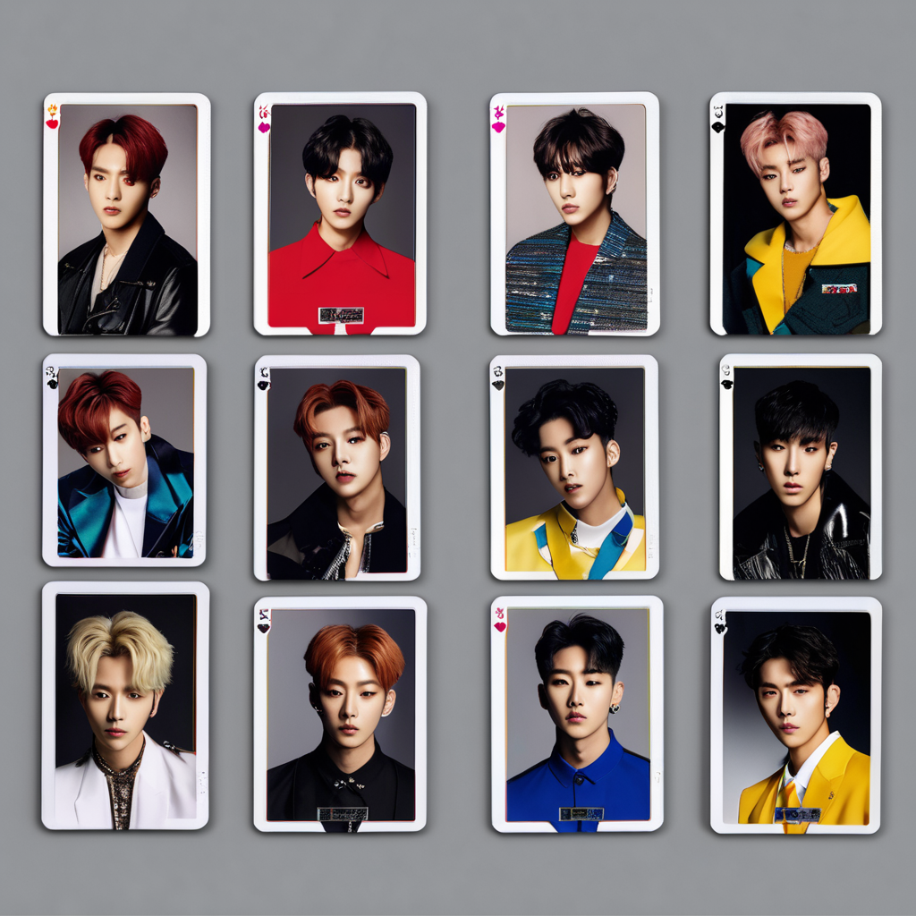K-pop photocards set fanned out on dark surface